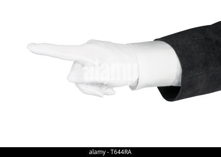Man mano in abito nero e guanti bianchi puntare il dito. Isolato su bianco, percorso di clipping incluso Foto Stock