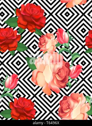Motivo floreale con fiori, acquerello. Sfondo con decorazione geometrica e di un bel giardino di rose e fiori. Illustrazione Vettoriale