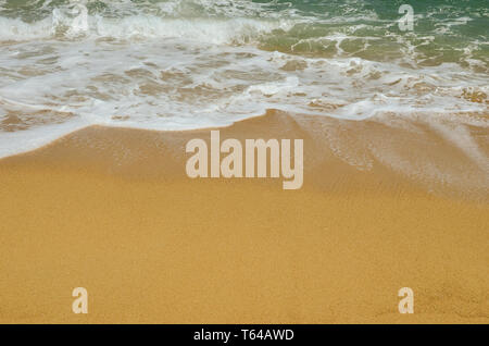 In estate il concetto di ricreazione, Paradise beach, giallo oro sabbia chiara e, acqua color smeraldo e le onde, spazio di copia Foto Stock