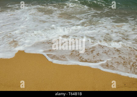 In estate il concetto di ricreazione, Paradise beach, giallo oro sabbia chiara e, acqua color smeraldo, le onde e la schiuma di mare, spazio di copia Foto Stock