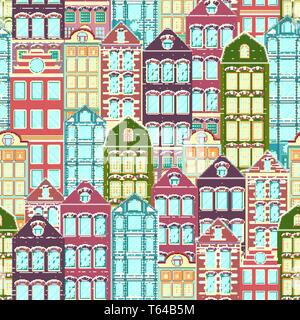 Case colorate seamless pattern, città sullo sfondo del paesaggio urbano. Luminoso multicolore comunità casa di mattoni, disegno piatto, architettura ornamento, vec Illustrazione Vettoriale