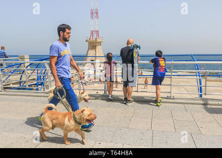 Beirut, Libano. 29 apr, 2019. Un uomo che cammina hos cani su Beirut Raouche lungomare su una calda giornata di primavera nella capitale libanese Credito: amer ghazzal/Alamy Live News Foto Stock