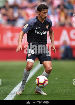 GIRONA, 28-04-2019. LaLiga 2018/ 2019, la data 35. Girona-Sevilla. Gesù Navas del Sevilla FC durante il gioco Girona 1-0 Sevilla Foto Stock