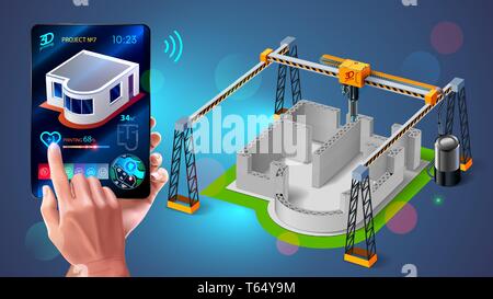 3d stampante stampa le pareti dell'edificio, casa con malta cementizia. Additivo di innovative tecnologie di costruzione sul sito in costruzione. Ingegnere monitor 3D Illustrazione Vettoriale