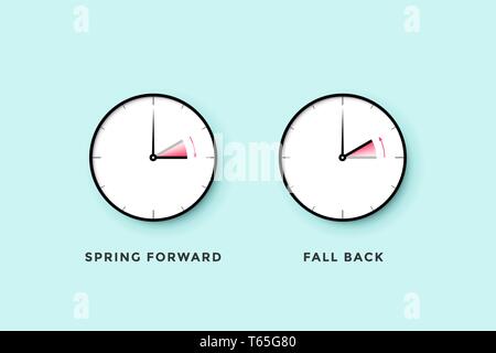 Ora legale. Set di orologio per la molla in avanti e indietro in autunno, estate Illustrazione Vettoriale