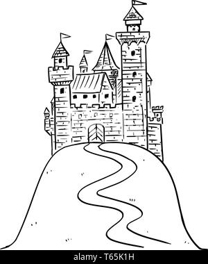 Cartoon in bianco e nero immagine o disegno di fantasia castello medievale sulla collina. Illustrazione Vettoriale