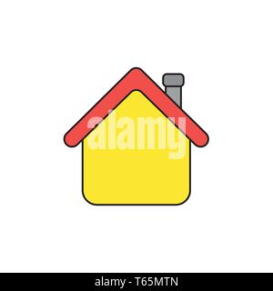 Icona vettore concetto di casa gialla con un tetto rosso. Contorni neri e colorati. Illustrazione Vettoriale