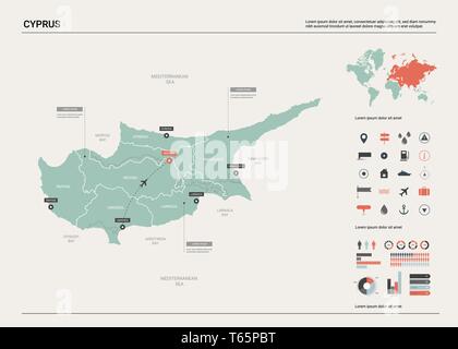 Mappa vettoriale di Cipro. Alta dettagliata mappa del paese con la divisione, la città e la capitale Nicosia. Mappa politico, mappa del mondo, elementi infografico. Illustrazione Vettoriale