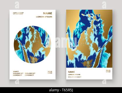 Navy Blue Marble lussuoso vernice di tessitura artistica, invito a nozze design. Splash decorativo di fluido su sfondo dorato, illustrazione vettoriale. Trend Illustrazione Vettoriale