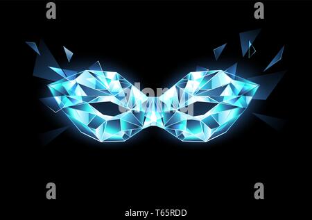Maschera poligonale di blu, trasparente e frizzante ghiaccio su sfondo nero. Illustrazione Vettoriale