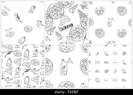 Seamless pattern impostato con disegnati a mano fette di pizza. Illustrazione Vettoriale