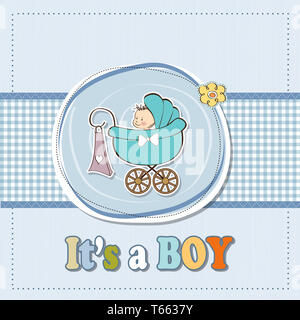 Baby boy scheda annuncio con il bambino e la PRAM Foto Stock