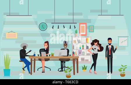 Concetto di coworking center e comunicazione. Vettore di affari multiculturali team delle persone a parlare e a lavorare al computer nello spazio aperto off Illustrazione Vettoriale