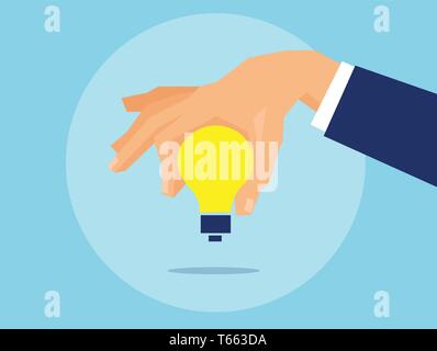 Vettore di un business man mano conformata come un giallo brillante lampadina su sfondo blu Illustrazione Vettoriale