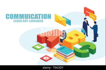 Nuovo apprendimento delle lingue e il concetto di comunicazione. Vettore di uomini di affari di riunione e imprenditrice studiare online Illustrazione Vettoriale
