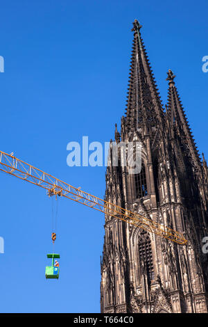 Lavoratore in una gru di sollevamento in gabbia davanti alla cattedrale di Colonia, Germania. Arbeiter in einer Krangondel vor dem Dom, Baustelle, Koeln, Deutschland. Foto Stock