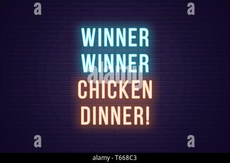 Gioco Neon slogan, Vincitore del vincitore pollo a cena. Neon incandescente testo per vincere nel settore del gioco d' azzardo. Luminose cartello digitale, banner, illustrazione vettoriale. Illustrazione Vettoriale
