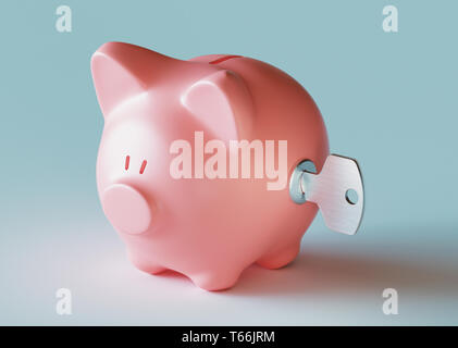 Banco di piggy con chiave, rendering 3d Foto Stock