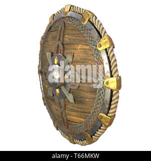 Round fantasy scudo in legno con inserti di ferro isolato su un fondo bianco. 3d illustrazione Foto Stock