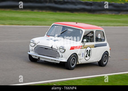 1966 Austin Mini Cooper S con autista Tina Cooper durante la Betty Richmond Trophy gara al 77th Goodwood GRRC Assemblea dei Soci, Sussex, Regno Unito. Foto Stock