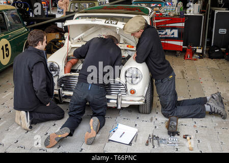 Meccanica al lavoro sul 1963 Morris Mini Cooper S di Darren Turner per il Betty Richmond Trophy gara. 77Th Goodwood GRRC Assemblea dei Soci, Sussex, Regno Unito Foto Stock