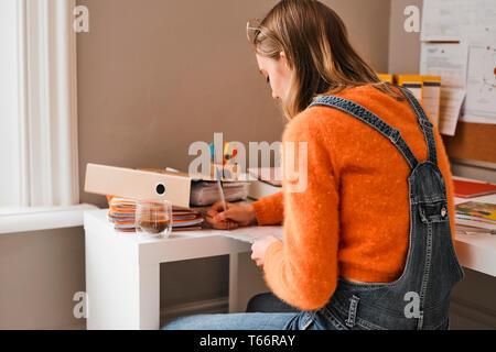 Femmina giovane studente universitario che studia alla scrivania Foto Stock