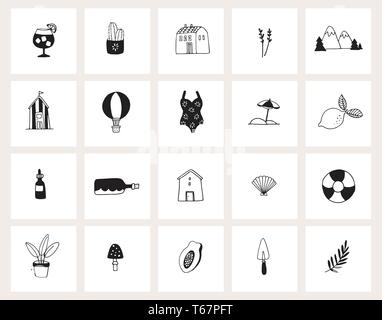 Set di disegnati a mano doodle web icone. Line art. Estate, vacanze, concetto di viaggio. Design in bianco e nero. Isolato illustrazioni vettoriali, schizzi. Piante Illustrazione Vettoriale