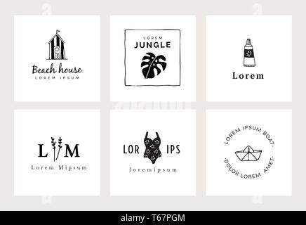 Set di disegnato a mano logo minima dei modelli. Il cibo, le bevande e il concetto di viaggio. Branding aziendale identità. Simboli isolati. Semplice ed elegante delle icone Illustrazione Vettoriale