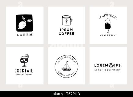 Set di disegnato a mano logo minima dei modelli. Il cibo, le bevande e il concetto di viaggio. Branding aziendale identità. Simboli isolati. Semplice ed elegante delle icone Illustrazione Vettoriale