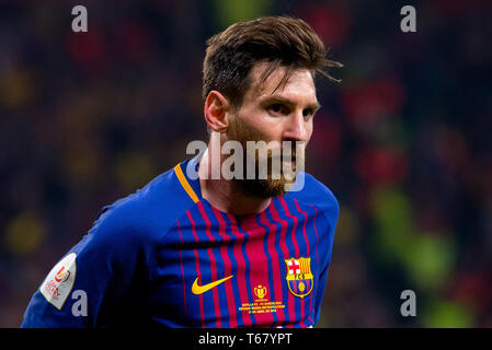 MADRID - Apr 21: Lionel Messi gioca a Copa del Rey partita finale tra il Sevilla FC ed FC Barcellona a Wanda Metropolitano Stadium il 21 aprile 20 Foto Stock