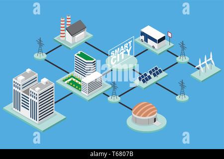 Una illustrazione vettoriale di Smart City tecnologia isometrica concettuale Illustrazione Vettoriale