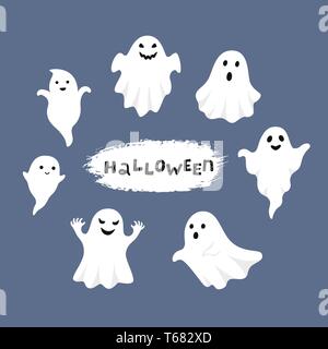 Happy Halloween, fantasma, spaventosi fantasmi bianchi. Cartoon carino spooky carattere. Volto sorridente, mani. Sfondo blu biglietto di auguri. Illustrazione Vettoriale