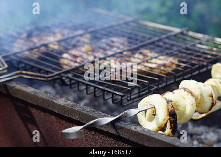 Un trito di cipolla e grandi pezzi di carne di maiale sono preparati in condizione di chiusura e grill nel giardino verde Foto Stock