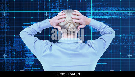 Immagine composita della vista posteriore del preoccupato imprenditrice tenendo la testa Foto Stock