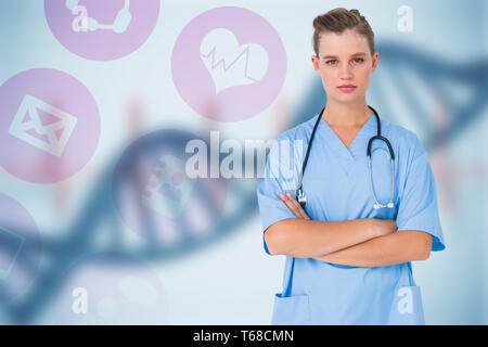 Immagine composita di grave infermiera guardando la fotocamera con le braccia incrociate Foto Stock