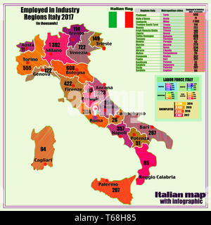 Mappa di Italia con una infografica impiegate nell'industria. Illustrazione con la mappa dell'Italia. Italia mappa italiana con le principali città, regioni, informazioni. Foto Stock