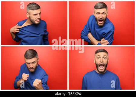 Uomo bello con emozioni diverse sul colore di sfondo Foto Stock