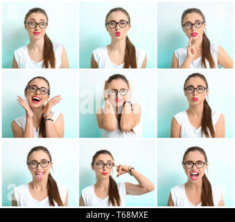 Bella giovane donna con emozioni diverse sul colore di sfondo Foto Stock