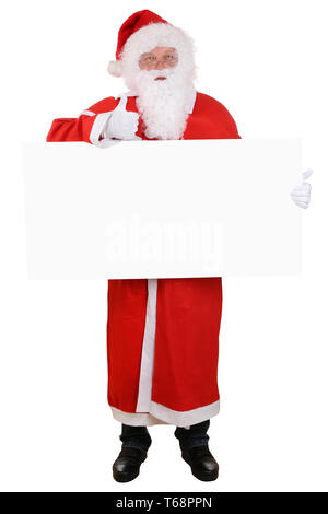 Nikolaus Weihnachtsmann Weihnachten hält leeres Schild Daumen hoch super gut Foto Stock