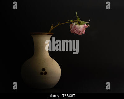 Abstract still life visualizzazione morti, essiccato, secco rose in vaso di ceramica su sfondo nero- il passaggio del tempo, la solitudine e la morte dei concetti Foto Stock