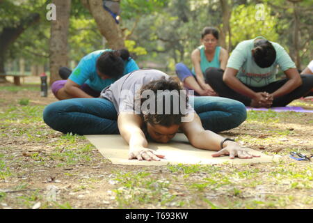 I giovani indiani fare yoga in Cubbon Park, Bangalore, India Foto Stock