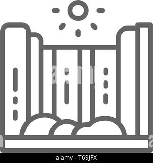 Cascata del vettore e il paesaggio di montagna icona linea. Illustrazione Vettoriale