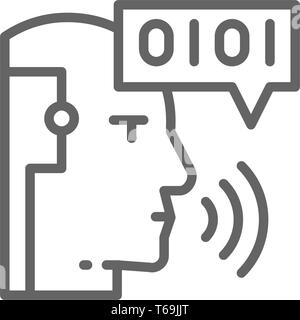 Intelligenza artificiale, il robot con le onde sonore, chatbot icona linea. Illustrazione Vettoriale