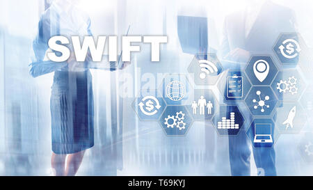 SWIFT. Society for Worldwide Interbank Financial Telecommunications. Pagamento internazionale. Background aziendale. Foto Stock