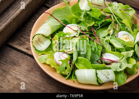 Insalata di spinaci con cetrioli freschi,microgreen e uova di quaglia Foto Stock