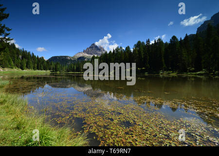 Dolomiti italiane con lago e riflessi in primo piano. Italia Foto Stock