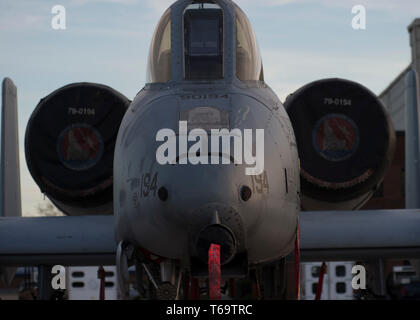 Un A-10 Thunderbolt II con la 190Fighter Squadron è parcheggiato sulla rampa dopo un allenamento sortie 25 aprile 2019 a Boise, Idaho. La 190fs è stata la partecipazione in attività di formazione con lo Strike Fighter Squadron 32 dalla Naval Air Station Oceana, Virginia Beach, Virginia. (U.S. Air National Guard foto di Airman 1. Classe Mercedee selvagge) Foto Stock