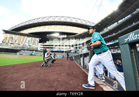 A partire lanciatore Yusei Kikuchi dei Seattle Mariners prima della Major League Baseball gioco contro il Texas Rangers a T-Mobile Park a Seattle, Stati Uniti, 26 aprile 2019. Credito: AFLO/Alamy Live News Foto Stock
