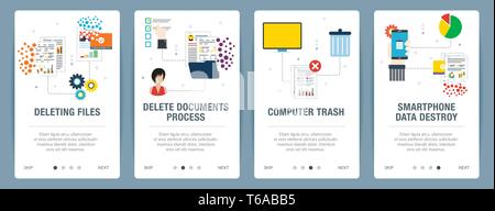 Set di vettore di verticale banner web con eliminazione di file, eliminare i documenti nel Cestino del computer e smartphone distruggere dati. Vector modello di pagina di intestazione per u Illustrazione Vettoriale