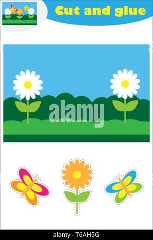 Farfalle e fiori cartoon, educazione gioco per lo sviluppo dei bambini di età prescolare, utilizzare forbici e colla per creare l'applique, tagliare parti di Illustrazione Vettoriale